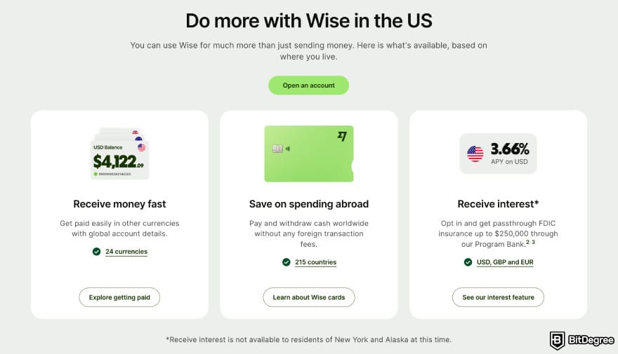 How to send money to someone without a bank account: Wise homepage highlighting the top features.