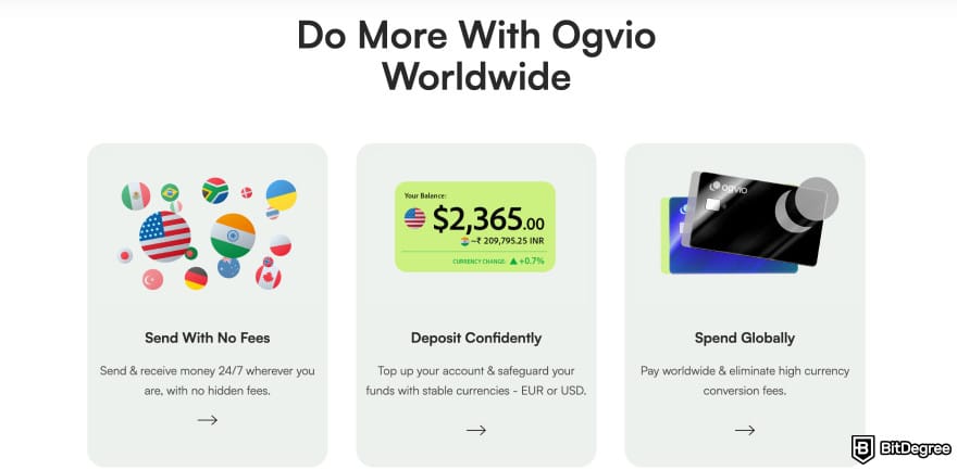 How to send money to someone without a bank account: OGVIO homepage highlighting the top features.
