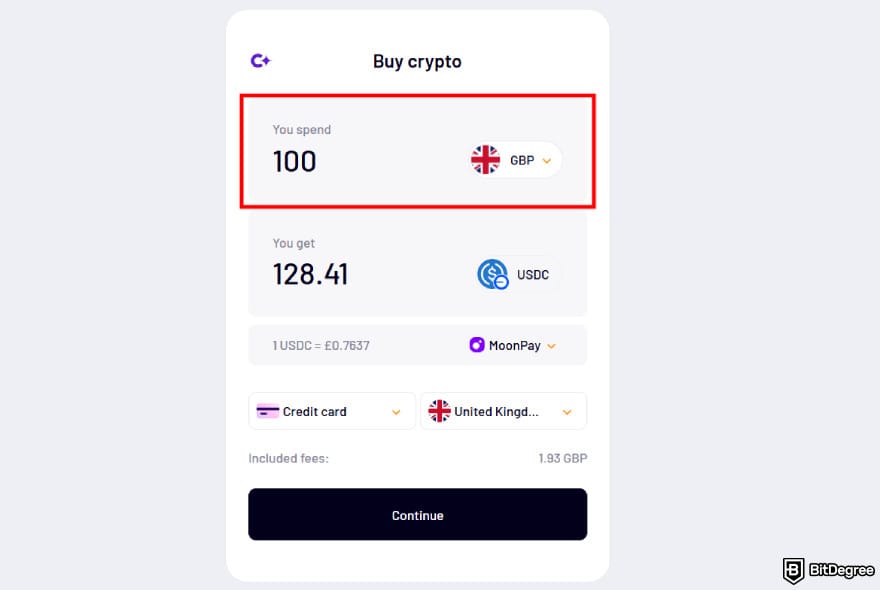 How to send money with credit card: entering how much to spend on the on-ramp screen. How to send money with credit card: entering how much to spend on the on-ramp screen.