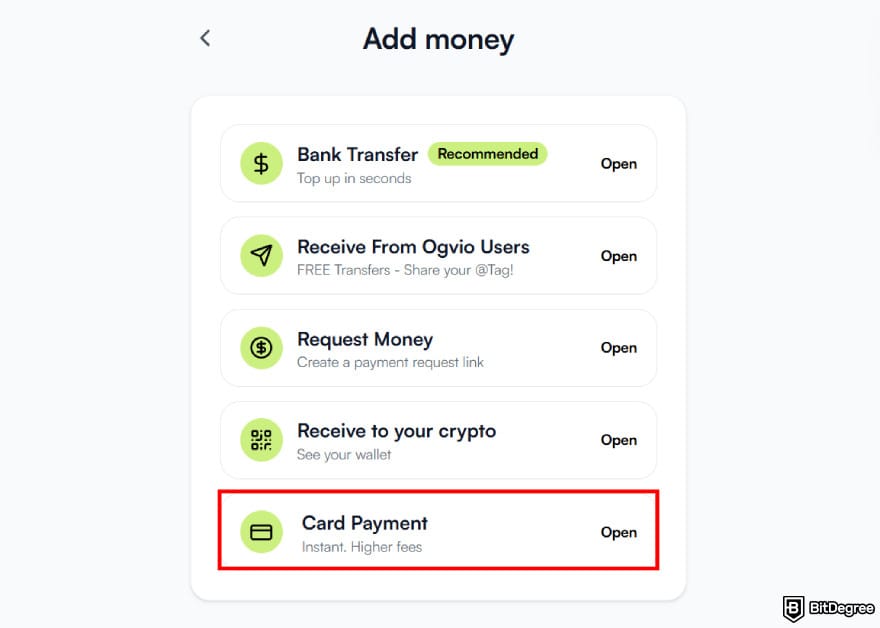 How to send money with credit card: selecting [Card Payment] as a method to add money on Ogvio.