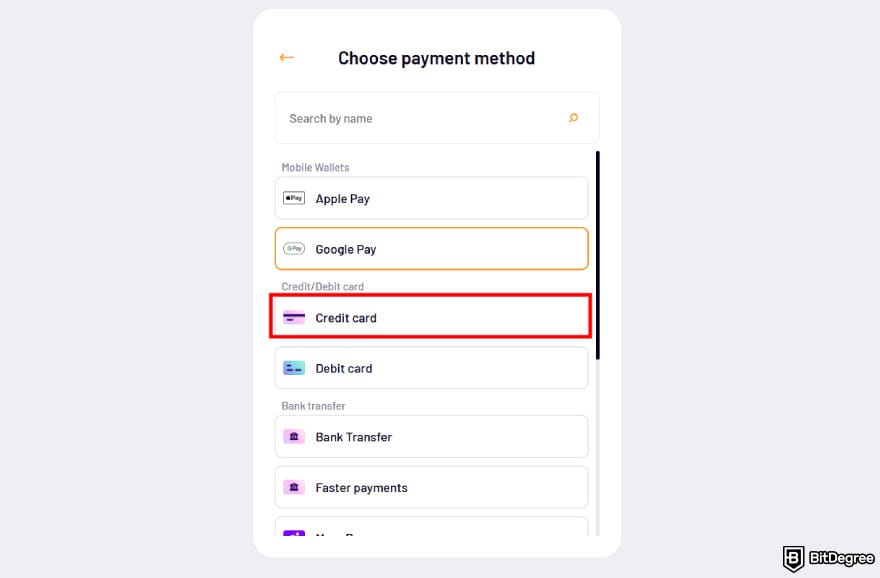 How to send money with credit card: choosing [Credit card] as the payment method.