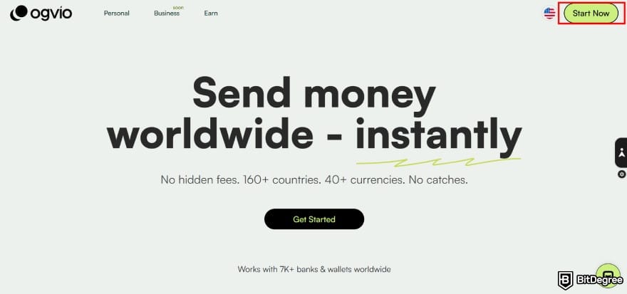 How to send money with credit card: the [Get Started] button on Ogvio's homepage.