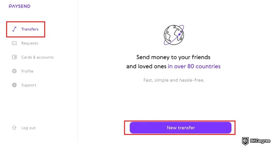 How to send money with credit card: the [Transfers] menu on the sidebar of Paysend with the [New transfer] button highlighted.