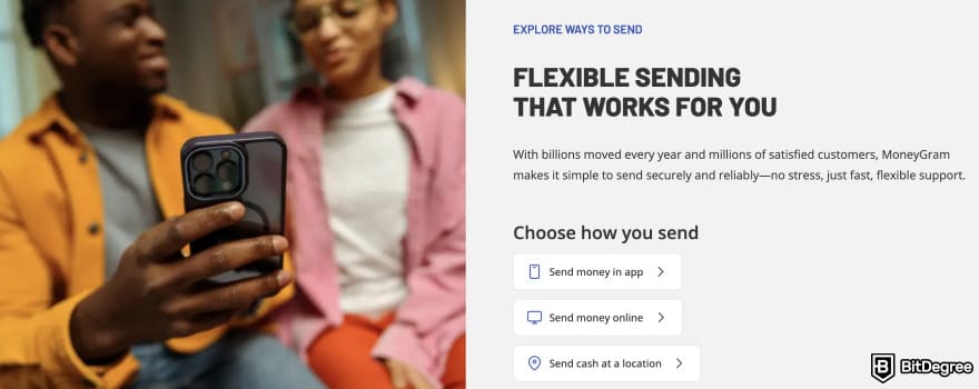 How to send money with debit card: MoneyGram homepage send money section.