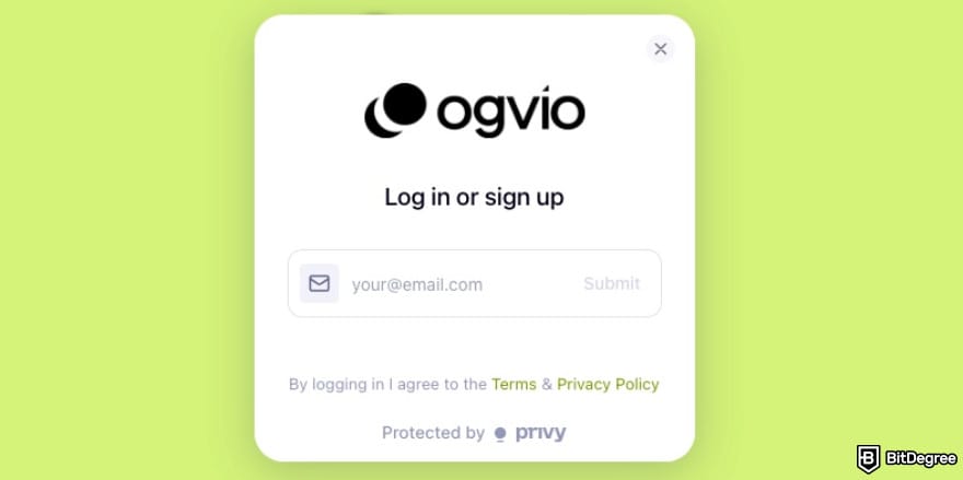 How to send money with debit card: Ogvio's sign up page.