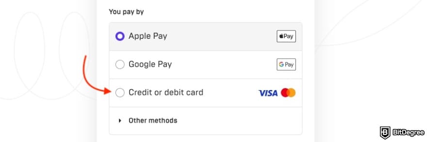 How to send money with debit card: a red arrow pointing to the [Credit or debit card] option.