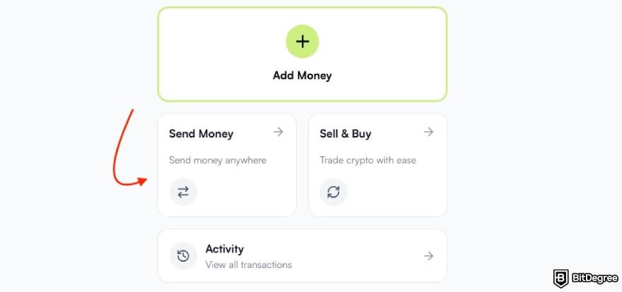 How to send money with debit card: a red arrow pointing to the [Send Money] option.