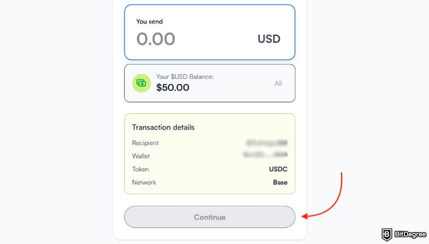 How to send money with debit card: a red arrow pointing to the [Continue] option.