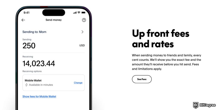 How to send money with debit card: Xoom homepage fees section.