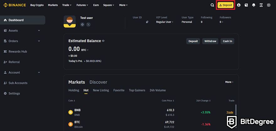How to short crypto: Binance dashboard with the deposit button highlighted.