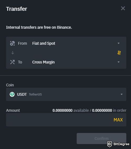 How to short crypto: Entering transfer amount.