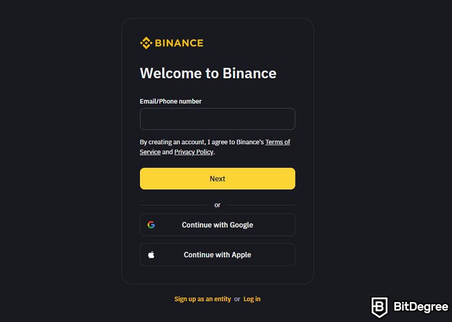 How to short crypto: Binance Sign up page.
