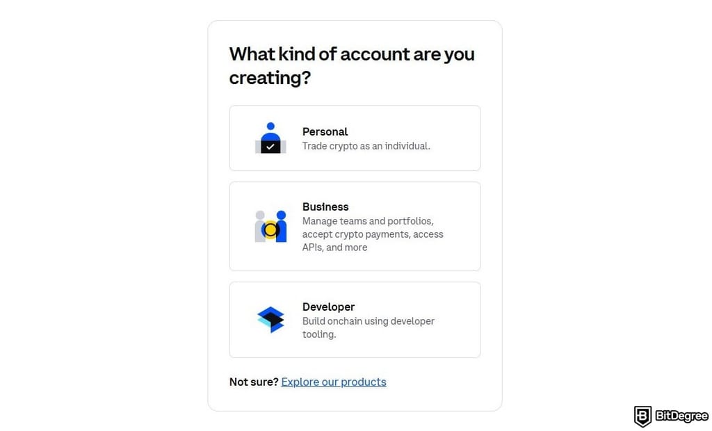 How to short crypto on Coinbase: selecting an account type.