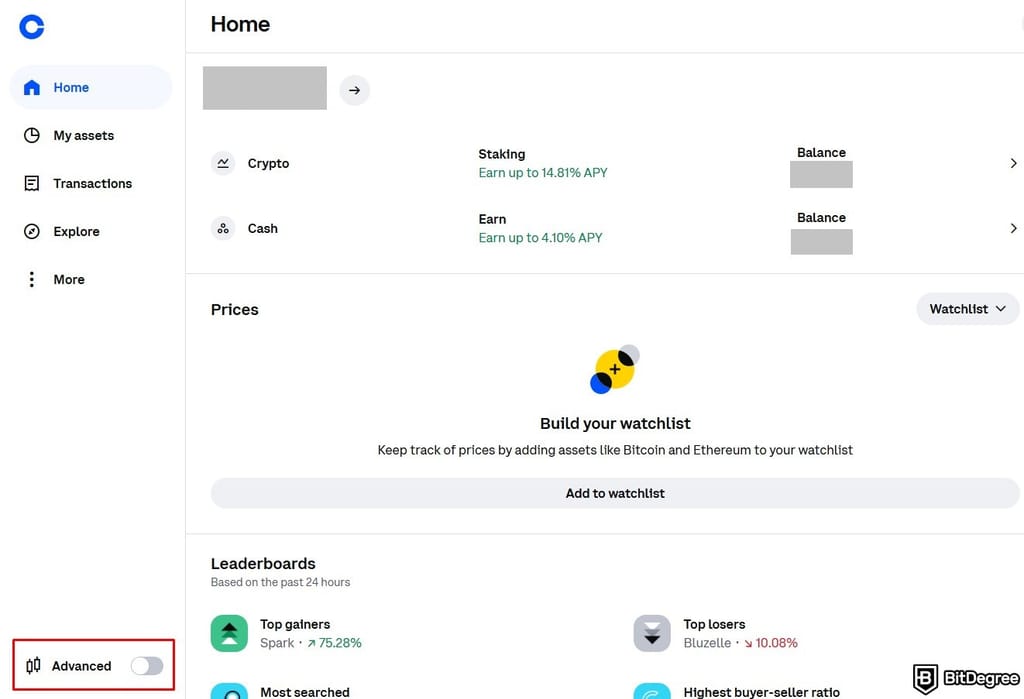 How to short crypto on Coinbase: the Advanced toggle on Coinbase highlighted.