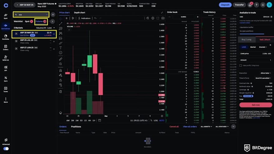 How to short crypto on Coinbase: choosing a coin on the right panel of the trading terminal.