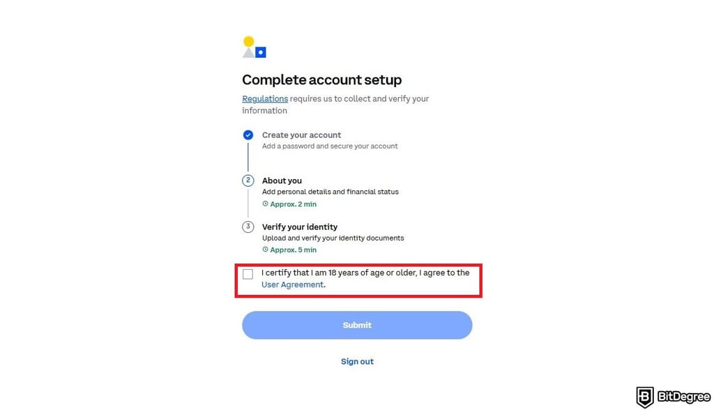 How to short crypto on Coinbase: Coinbase account creation screen with the age verification checkbox prominently highlighted.