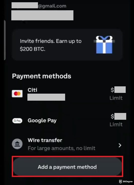 How to short crypto on Coinbase: the payment methods section of the Coinbase mobile app, with the Add a payment method button outlined.