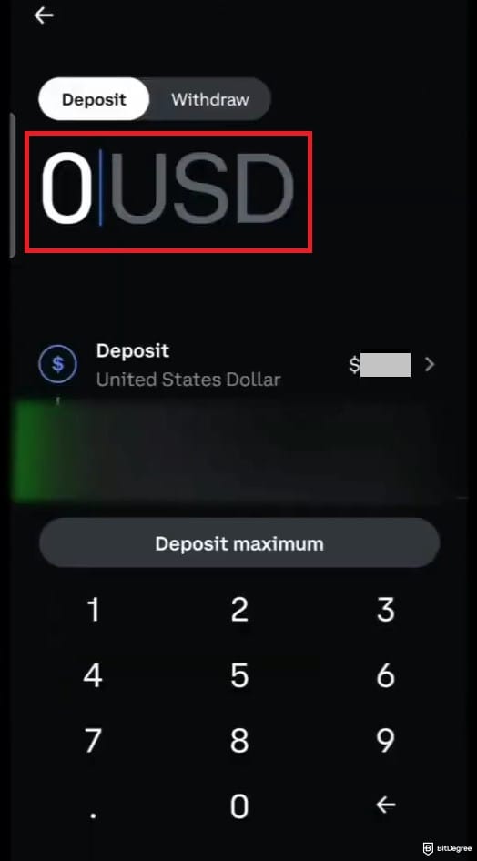 How to short crypto on Coinbase: the Coinbase mobile app's deposit screen.