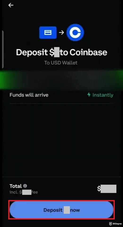 How to short crypto on Coinbase: Coinbase mobile app's deposit confirmation screen.