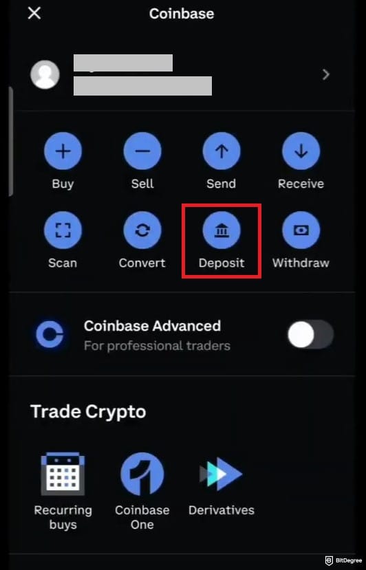 How to short crypto on Coinbase: the Deposit menu highlighted on Coinbase's mobile app.