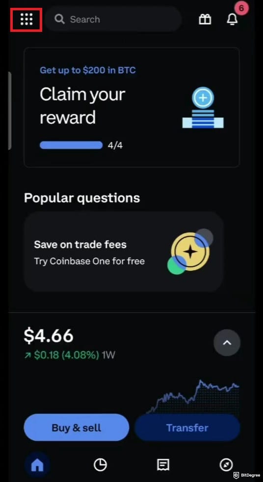 How to short crypto on Coinbase: the grid icon highlighted on the dashboard of Coinbase's mobile app.