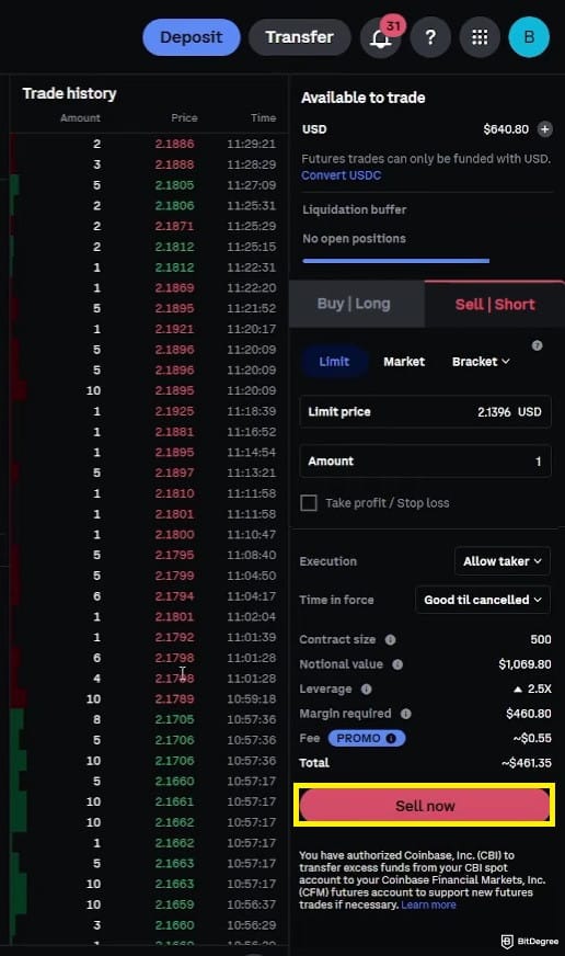 How to short crypto on Coinbase: the Sell now button on Coinbase's derivatives page.
