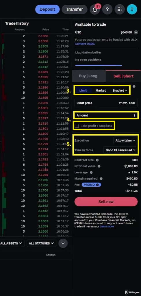 How to short crypto on Coinbase: the settings on Coinbase's derivatives page, highlighting the steps of shorting crypto.