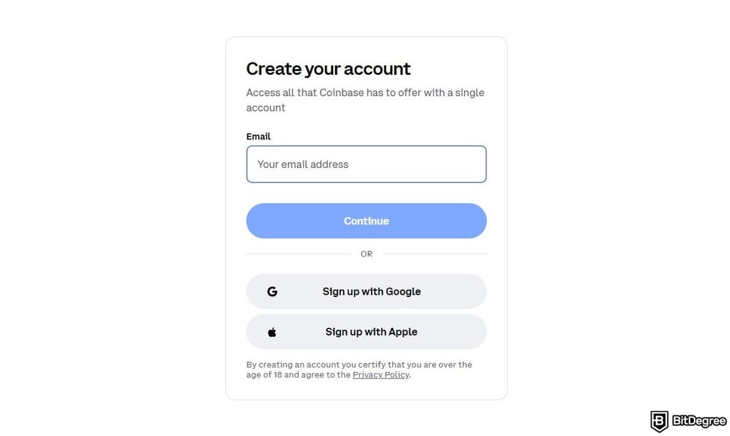 How to short crypto on Coinbase: the sign-up form on Coinbase.
