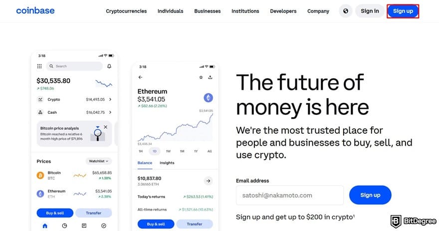 How to short crypto on Coinbase: the Sign up button on Coinbase's homepage.