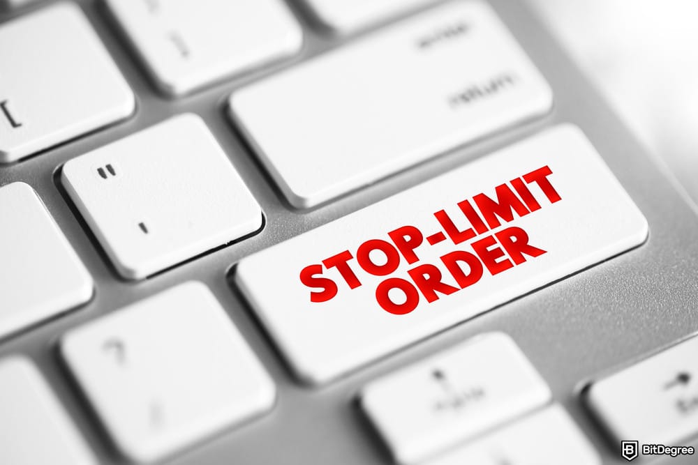 How to short crypto on Coinbase: a computer keyboard key labeled STOP-LIMIT ORDER in red text.