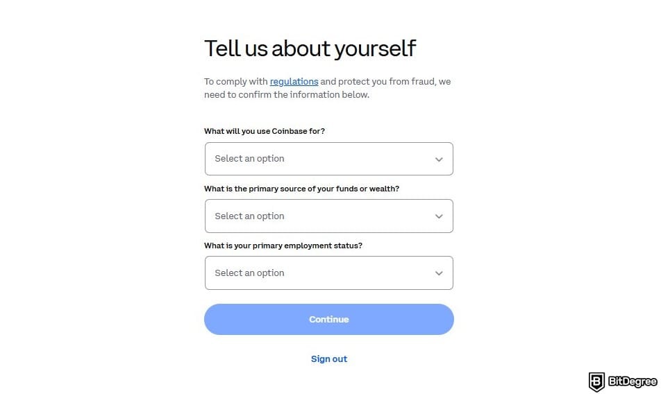How to short crypto on Coinbase: A Coinbase form with fields to select answers for regulatory compliance.