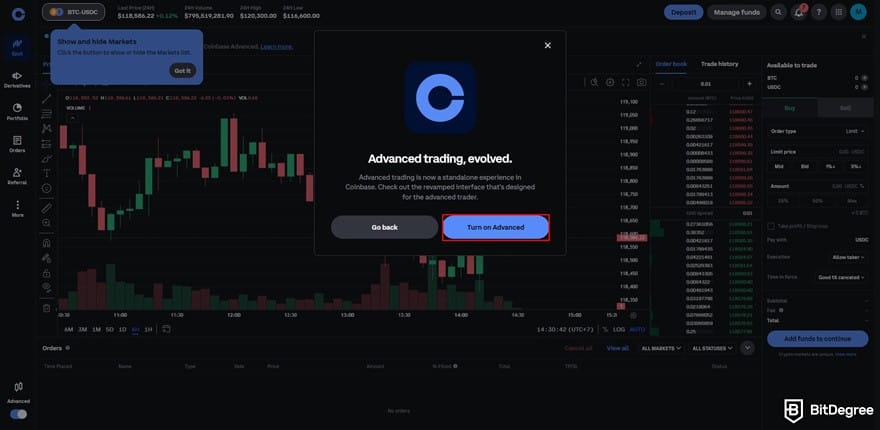 How to short crypto on Coinbase: the Advanced trading window on Coinbase.
