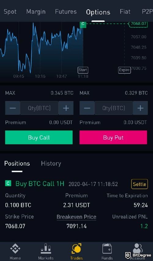 How to short crypto: The options trade interface on the Binance app.