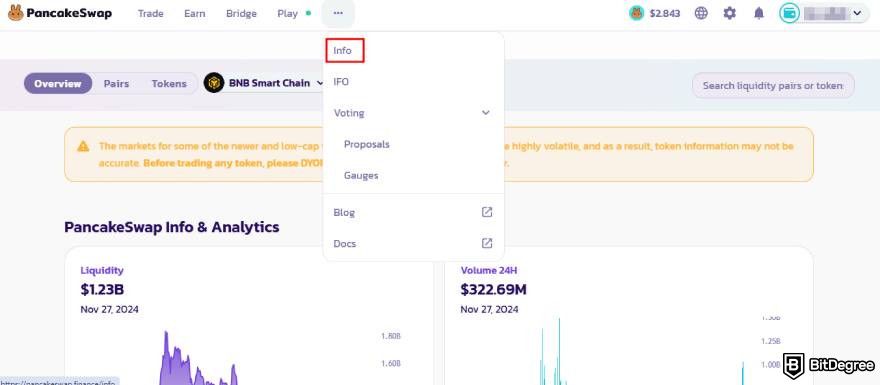 Staking Dogecoin: PancakeSwap homepage.