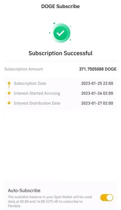 Dogecoin staking: successful Dogecoin staking notification.