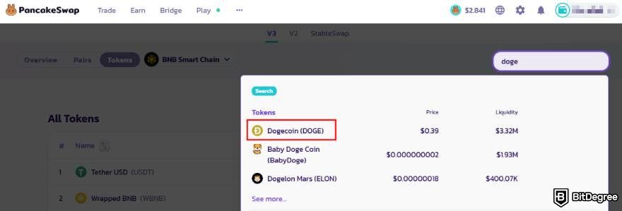 Staking Dogecoin: "Tokens" section.