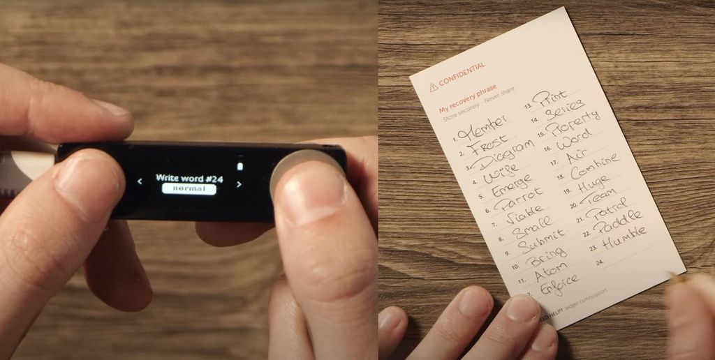 How to stake Solana: a preview of Ledger Nano X and the 24-word recovery phrase written on a paper.