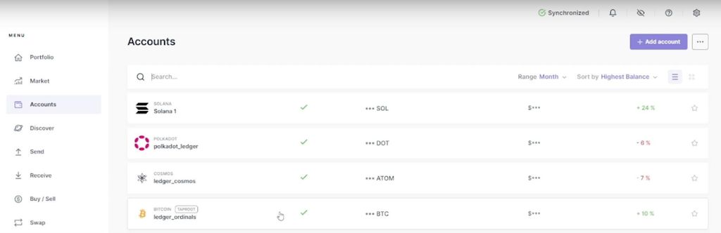 How to stake Solana: a list of blockchain networks like Solana on the Accounts screen of Ledger Live.