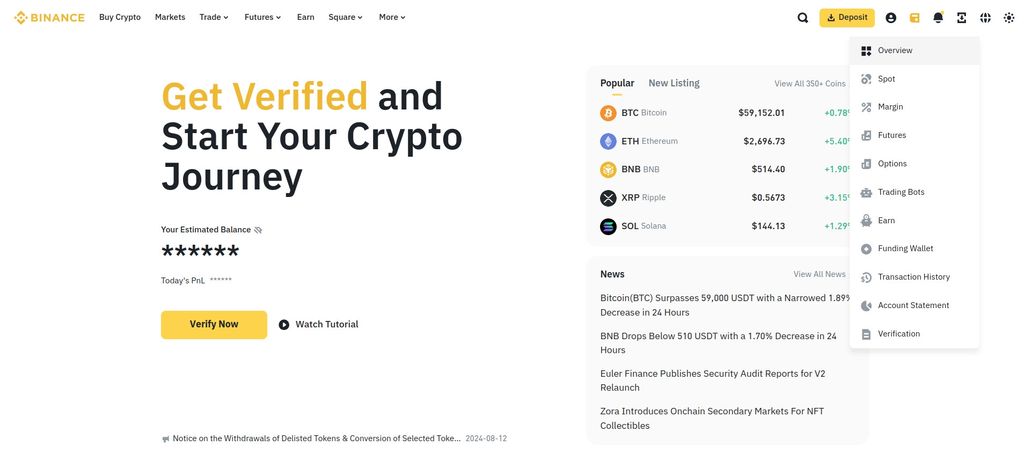 How to stake Solana: a preview of Binance homepage highlighting the Overview button.