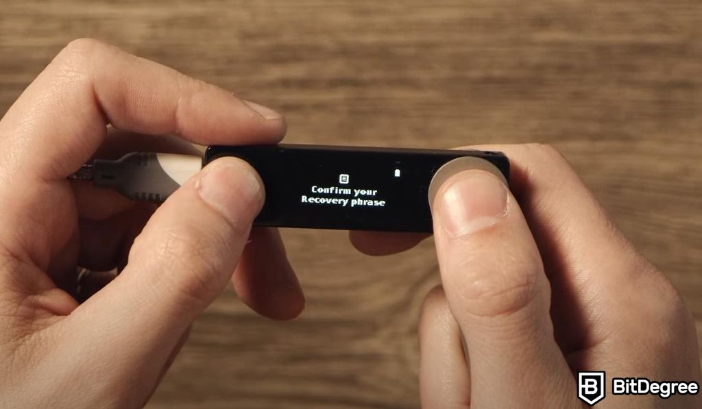 How to stake Solana: Ledger Nano X displaying the Confirm your Recovery phrase option.