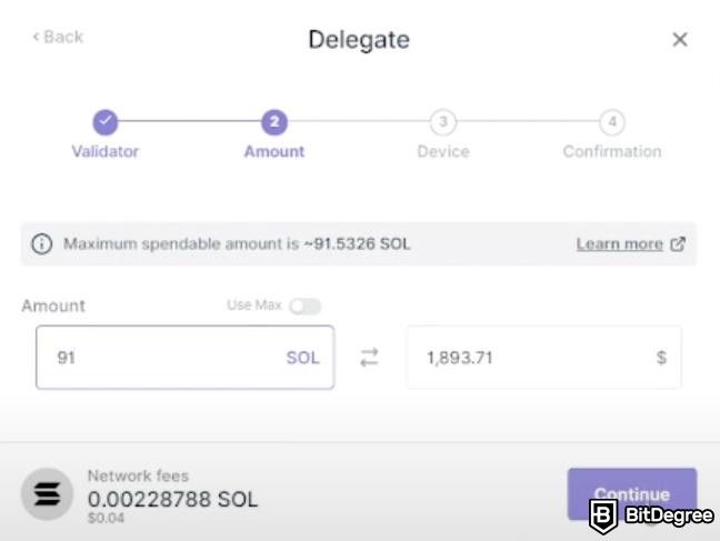 How to stake Solana: Ledger Live's Delegate pop-up window showing the amount of SOL tokens and network fees.