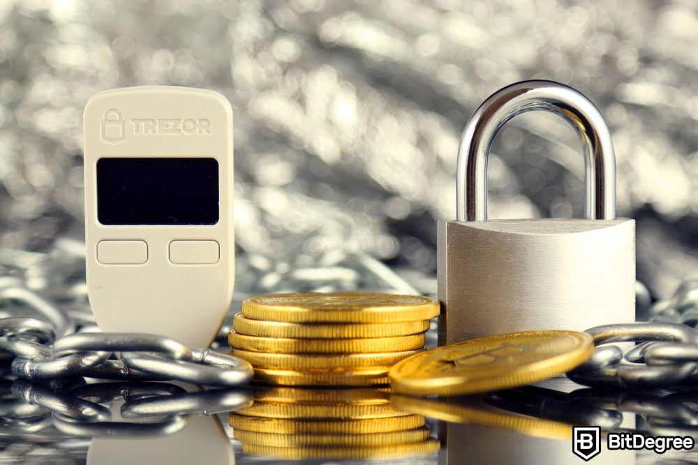 How to stake Solana: crypto coins between Trezor device and a padlock.