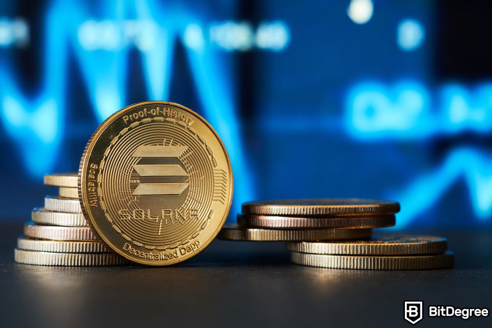 How to stake Solana: a close up of Solana physical coins.