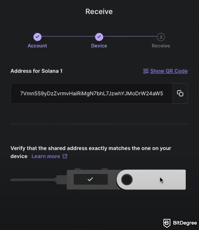 How to stake Solana: a preview of Address for Solana on the Receive pop-up window.