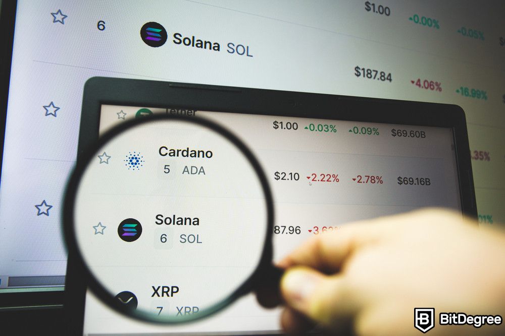 How to stake Solana: a magnifying glass pointing at a laptop screen that shows Solana and other cryptocurrencies.