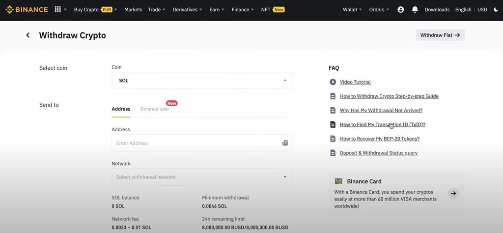 How to stake Solana: a preview of Binance's Withdraw Crypto page.