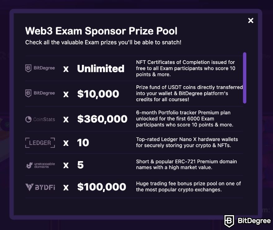 How to take the BitDegree Web3 Exam: prizes.