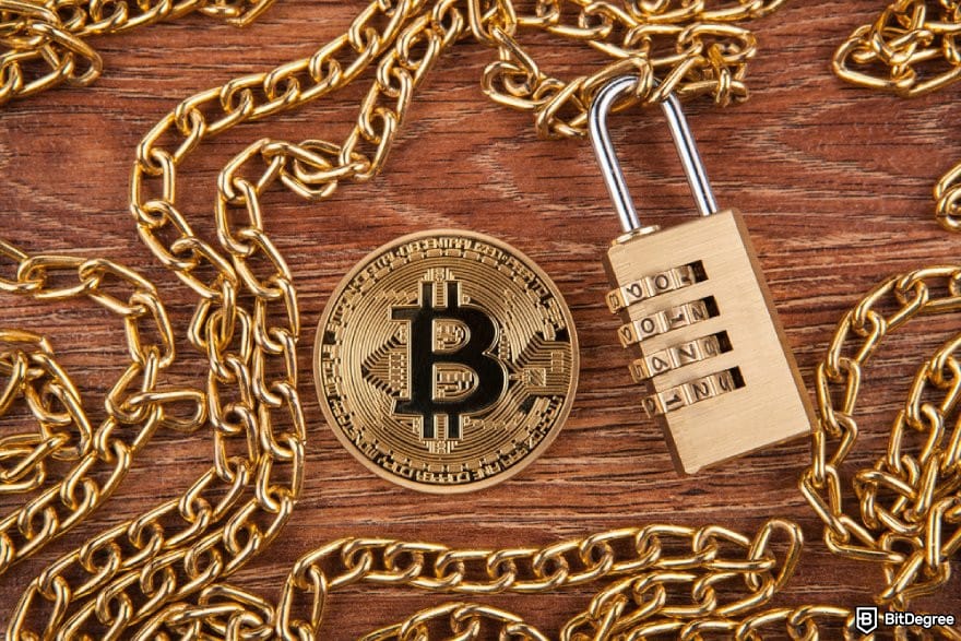 How to trade commodities: a BTC coin and a padlock surrounded by chains.