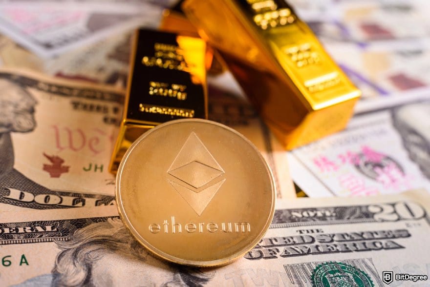 How to trade commodities: an ETH coin, gold bars, and USD bank notes.