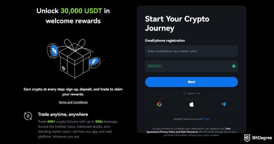 How to trade commodities: the sign up page on BTCC.